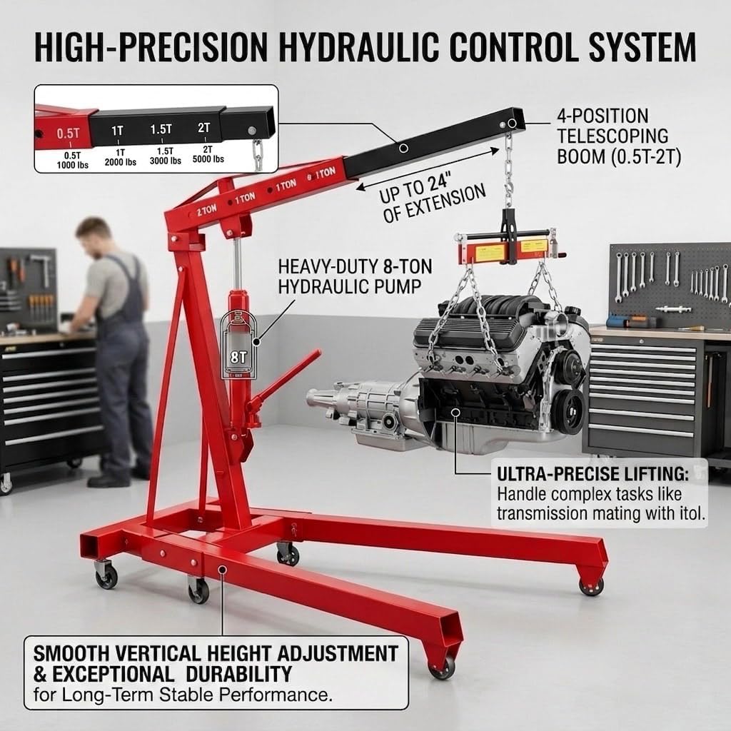 5000 LBS Engine Hoist with Load Leveler, 61" x 37" x 65" Folding Cherry Picker Engine Hoist, Heavy Duty Alloy Steel Hydraulic Engine Hoist with 8 Ton Hydraulic Pump, Engine Lift for Workshops