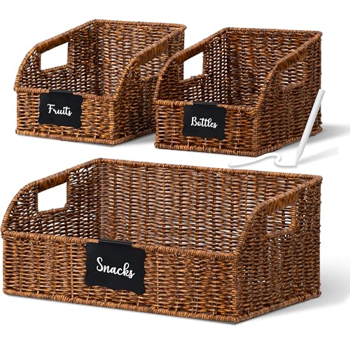 Image of Brownlily Wicker Pantry Storage Baskets with Chalkboard,Handwoven Baskets for Organizing with Built-in Handles, All-Purpose Storage Baskets for Shelves, Laundry Room, Brown - Single Set (3-Piece)