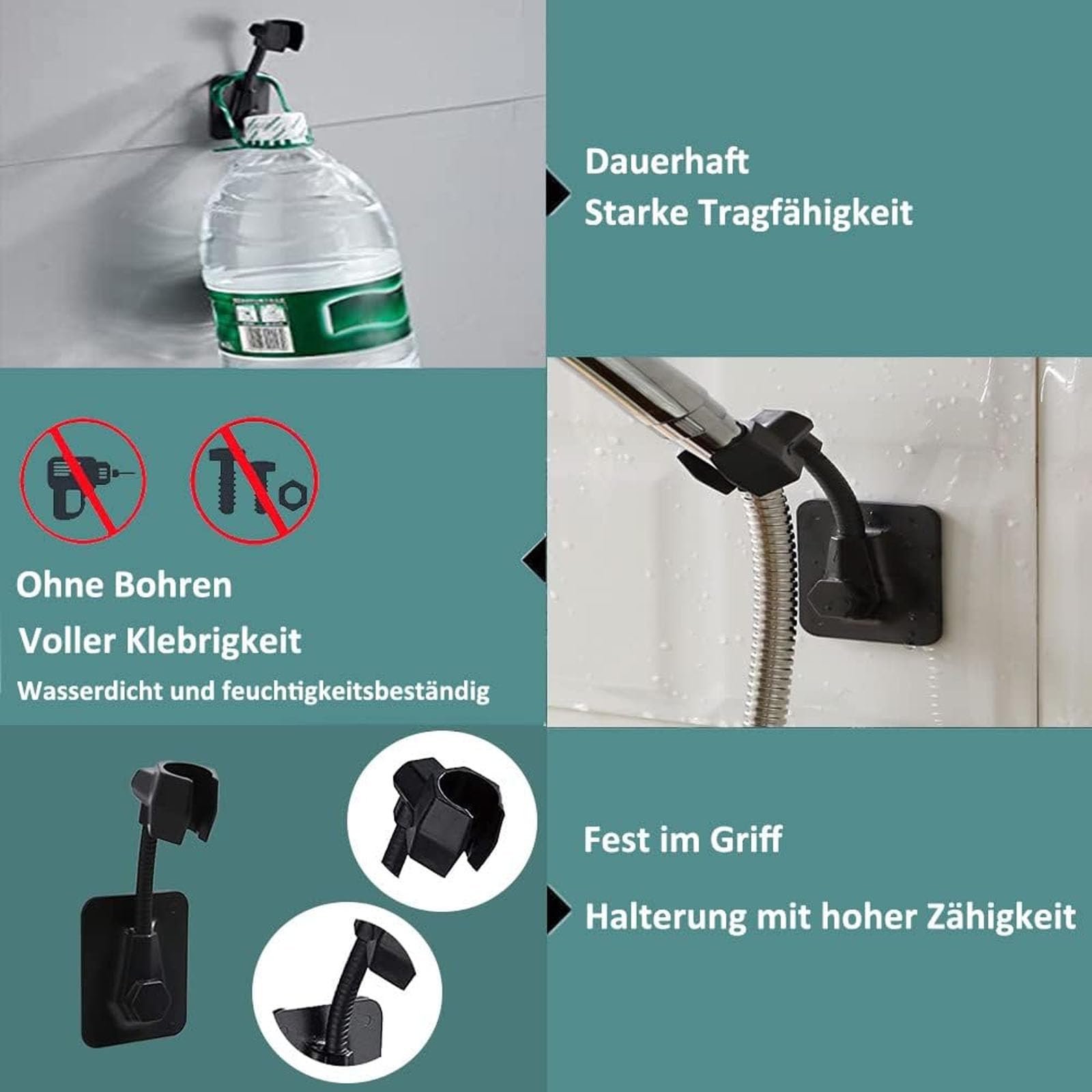 Staffa Supporto Doccia Regolabile 360º, Supporto Soffione No Punch, Senza Foratura, Nero