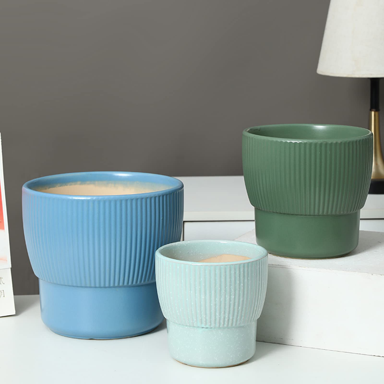 Vasi da Giardino Vaso per Piante a Strisce Verticali, Moderno Vaso da Fiori in Ceramica, fioriera Rotonda con Foro di drenaggio per l'home Office all'aperto/Interno