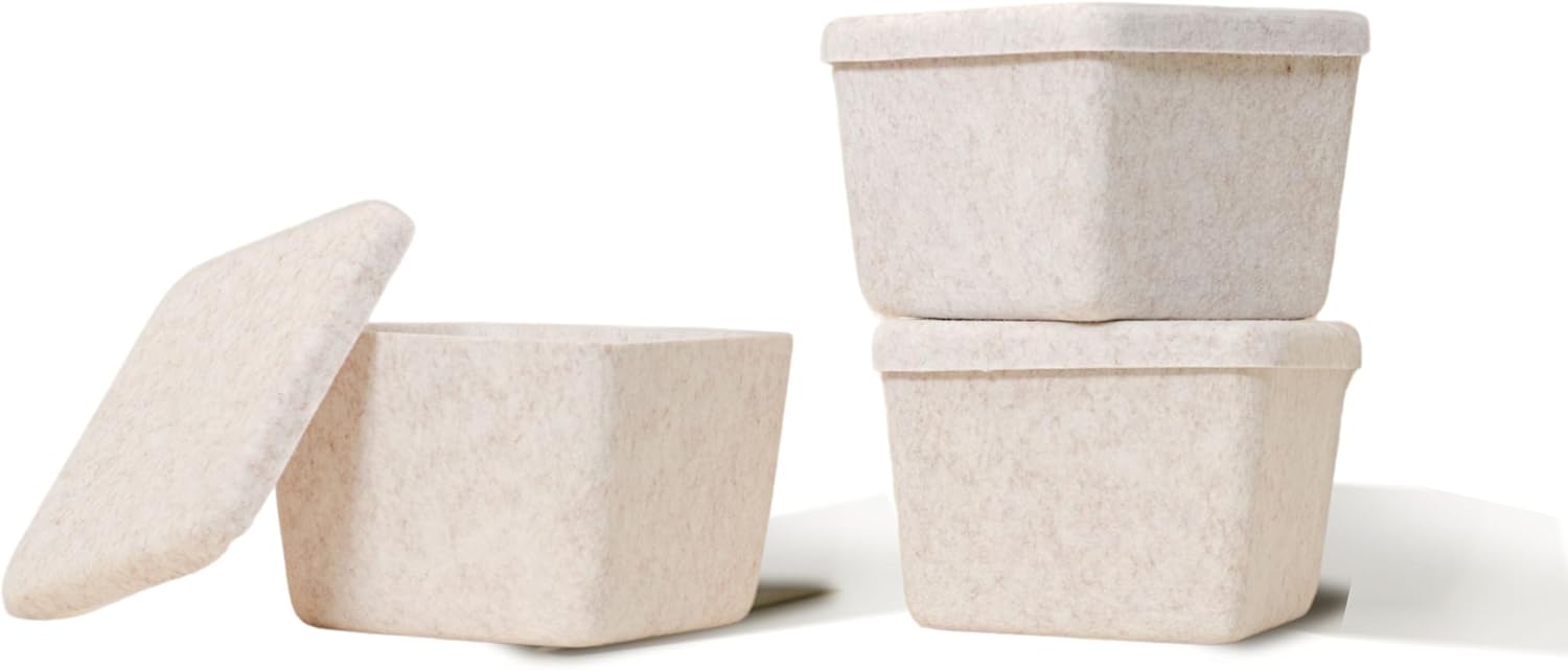 SortJoy The Sculpted Bin - Petite with Lid Set of 3 Storage Bin Felt Storage Basket Drawer Organizer Clothes Closet Cabinet Bathroom, Pantry, Kitchen Bin: 6.3" x 6.3" x 4.5" (Stone, Oatmeal)