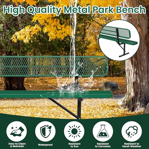 Image of Heavy Duty Park Bench with Back Portable Frame, Outdoor Steel Bench with Backrest, Outdoor Park Bench Expanded Metal Mesh Bench for Lawn, Park, Deck, Garden, Patio, Porch, Black (Green, 8FT)