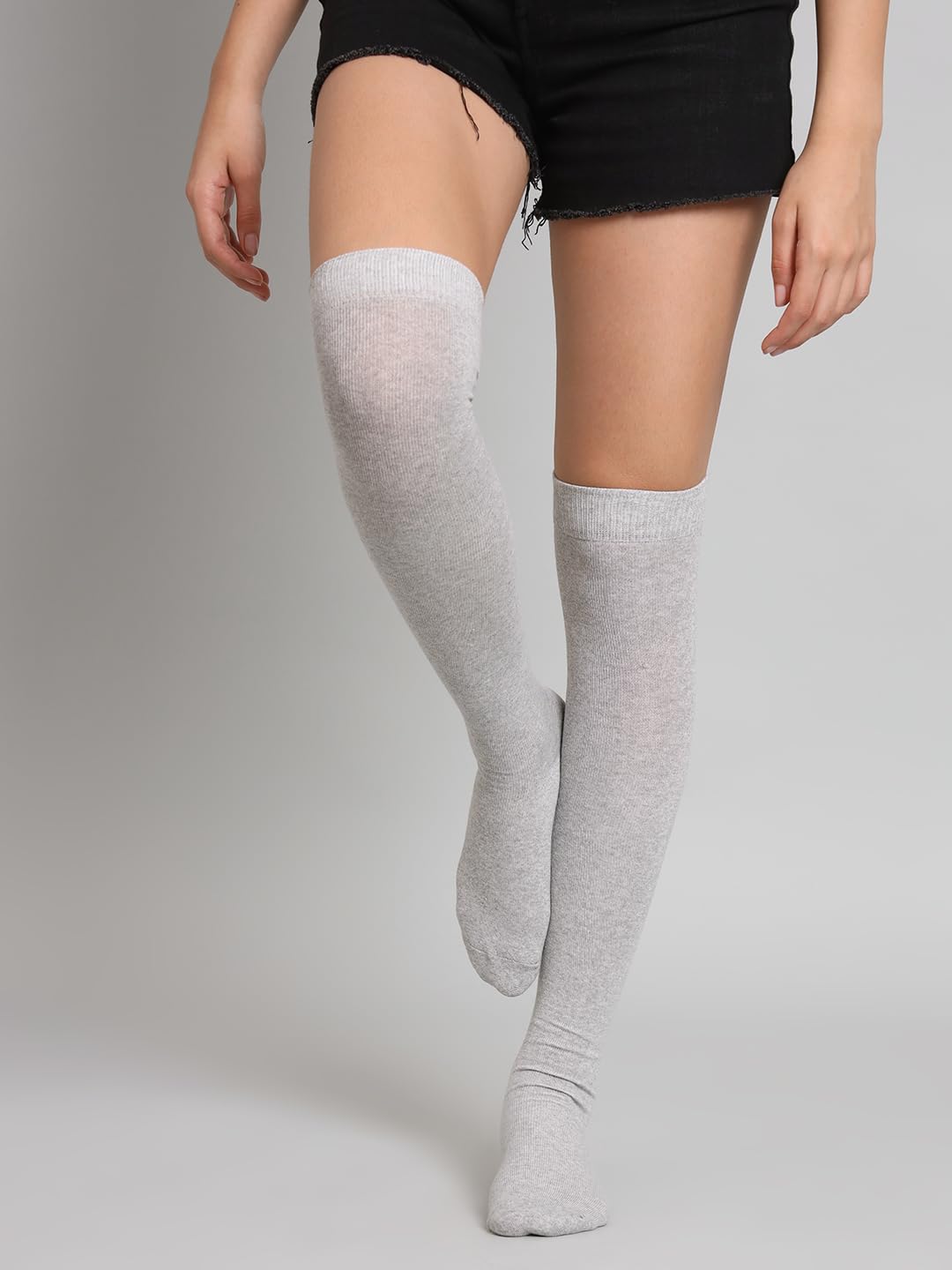 TRAZO Women's Spandex Thigh High Socks Over The Knee High Knitted Casual Boot Socks, Stiped Long Fashionable Stockings Pack Of 2, Black, Light Grey 4