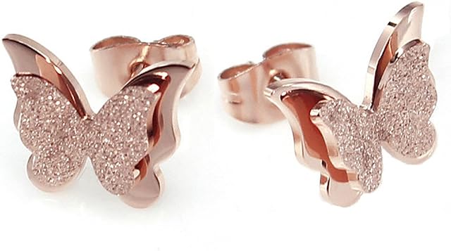 FJYOURIA Jewellery Women's Butterfly Ear Studs Rose Gold Stainless Steel Scrub Stud Earrings - Hypoallergenic