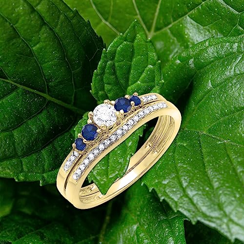 Dazzlingrock Collection Round Blue Sapphire & White Diamond Ladies 5 Stone Bridal Engagement Band Set, 14K Yellow Gold, Size 8 #TOP1