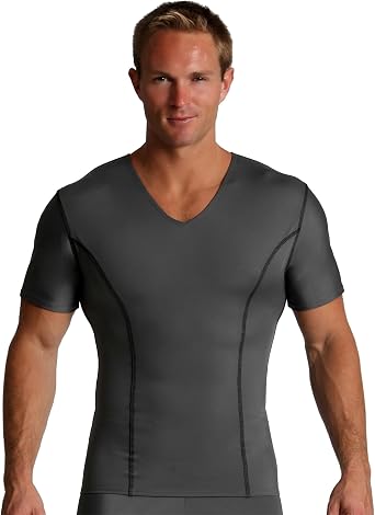 Insta Slim - Made in USA - Mens Slimming Compression Body Shaper V-Neck for Back Support, Gynecomastia & Hernias Gunmetal/Black
