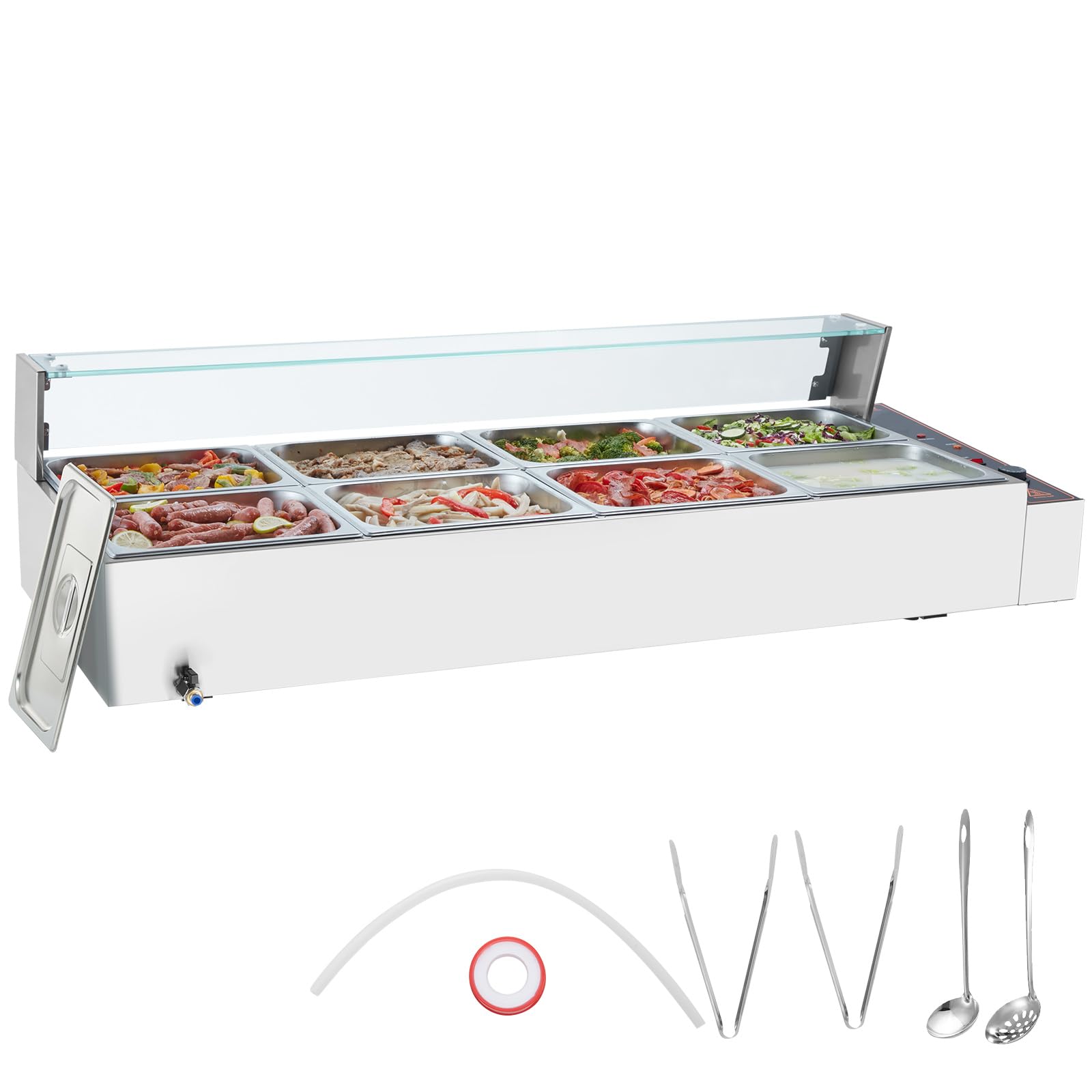 VEVOR 8-Pan Commercial Food Warmer, 8 x 12QT Electric Steam Table with Glass Cover, 1700W Countertop Stainless Steel Buffet Bain Marie 86-185°F Temp Control for Catering, Restaurants, Silver