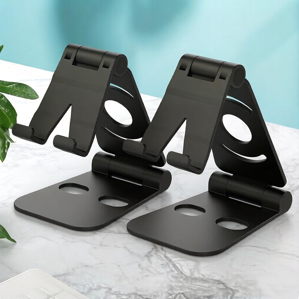 2-Pack black Dual Folding Cell Phone Stand, Fully Adjustable Foldable Desktop Phone Holder Cradle Dock Compatible with iPhone 17 16 15 14 13 12 11 Pro Max Xs Xr X 8, Nintendo Switch, All Phones