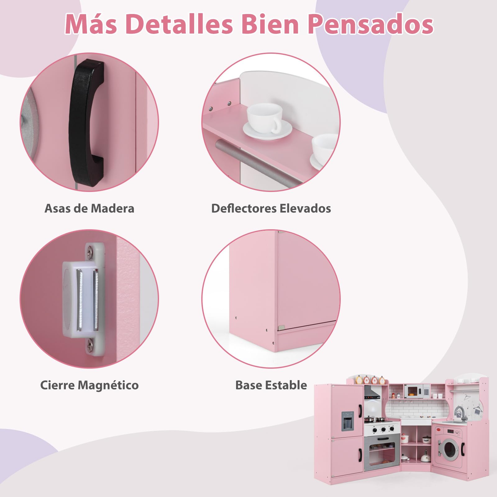 GOPLUS Cocina de Juguete de Esquina para Niños, Cocinita Infantil con Máquina de Hielo, Microondas, Estufa, Horno, Fregadero, Lavadora, con Luces y Sonidos para Niños Pequeños de 3-10 Años (Rosa)