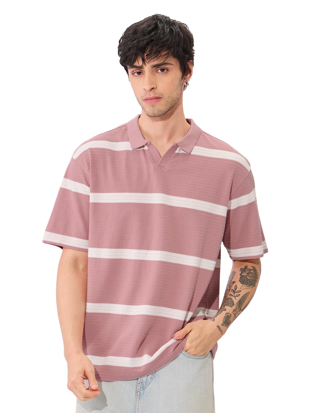 the souled store Quartz Men and Boys Short Sleeves Collared Neck Pink and White Striped Oversized Textured Polos-picture-32