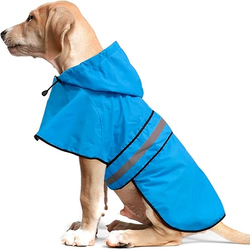 Vista 35 de Weesiber Impermeable para perro, impermeable reflectante para perro, con capucha, impermeable, ajustable, ligera, poncho para perros pequeños, Azul