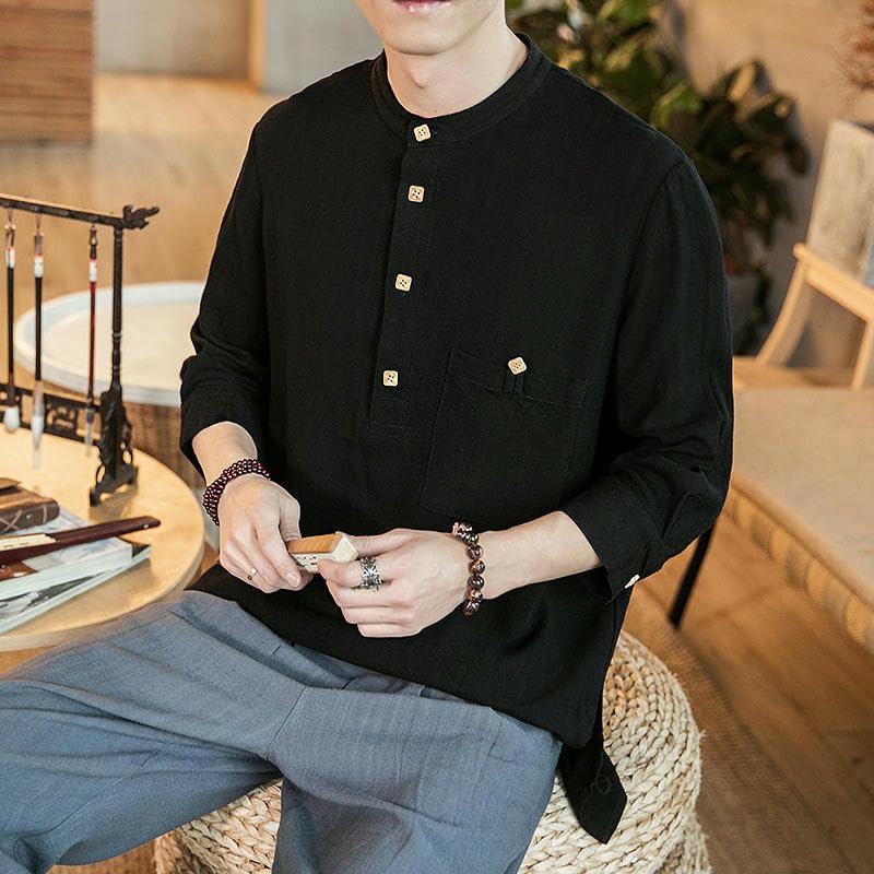 Col montant rétro en coton et lin de style chinois pour homme chemise lin été - 6