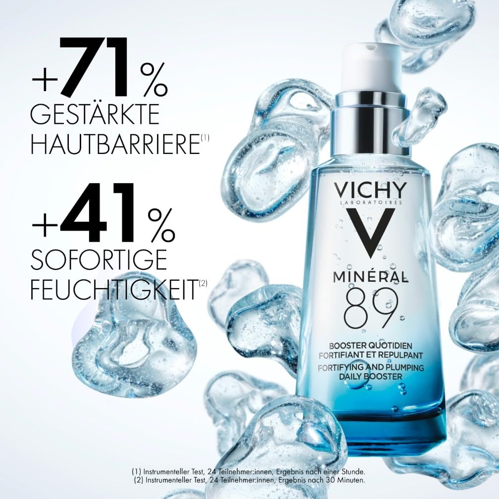Vichy Minéral 89 Feuchtigkeitsspendender und aufpolsternder täglicher Booster: Hyaluronserum mit Polyglutaminsäure für intensive Feuchtigkeit, 30 ml