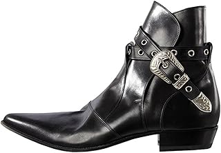Men's Genuine Leather Ankle Harness Boots with Silver Buckle - Fashion Dress Rock Western Style Chelsea Boots with Straps for Party, Concert, Stage, Wedding & Night Out