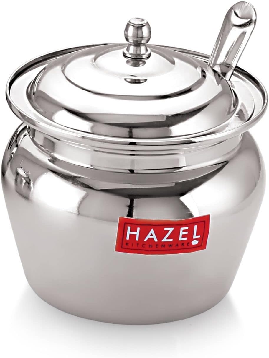 HAZEL Stainless Steel Oil And Ghee Container With Spoon For Kitchen | 300 Ml Multipurpose Oil Container, Silver