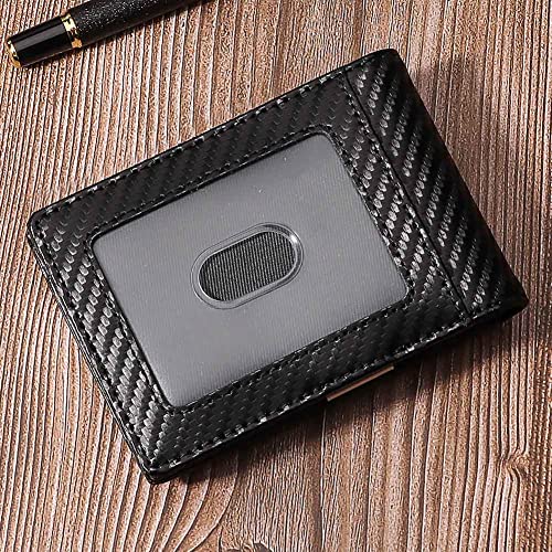 Genuine Leather Wallet for Men with Airtag Holder RFID Blocking Slim Bifold Design Front Pocket Wallet with GPS Tracker Accessories (Carbon Fiber Black)4