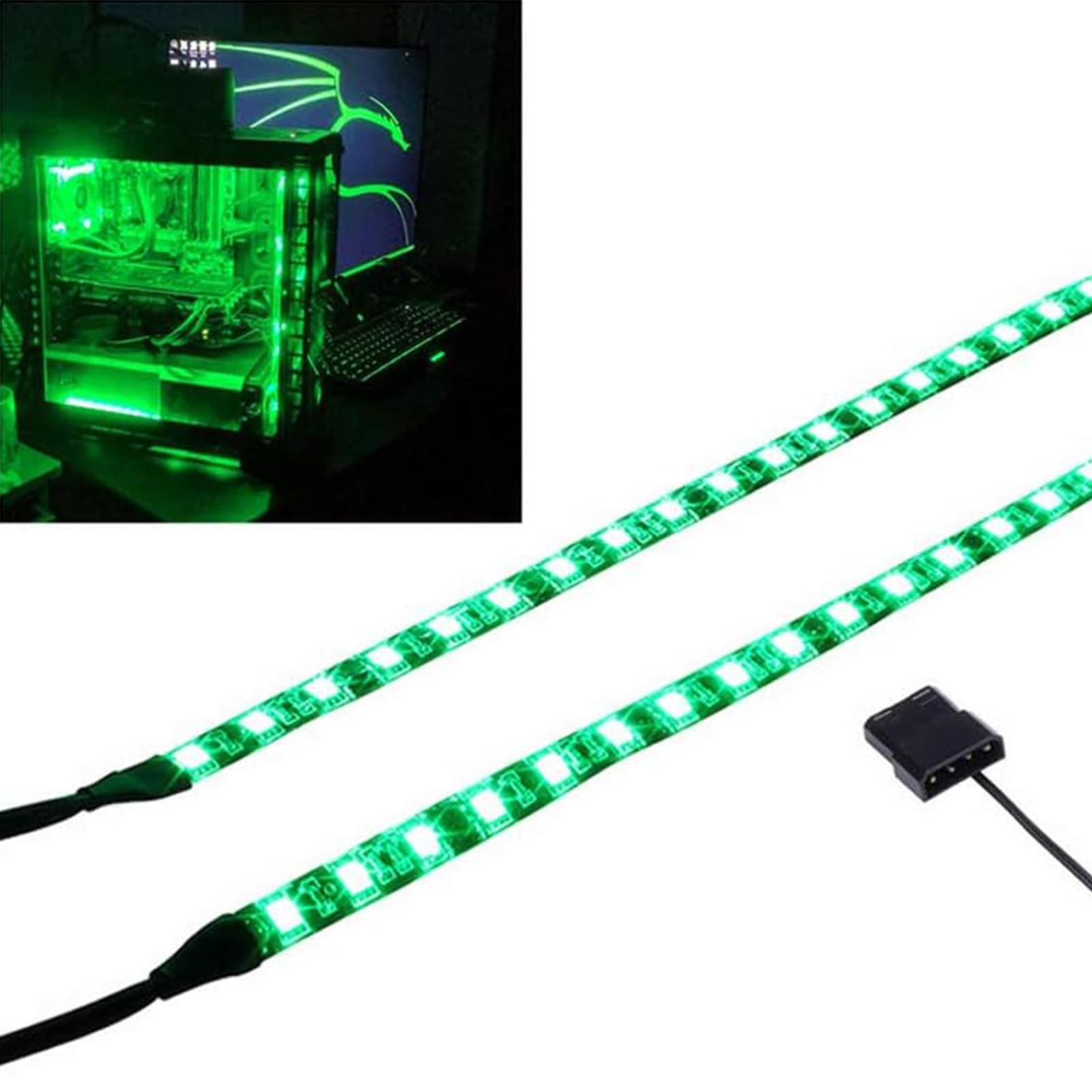 MIWATT DS Grün LED-Streifen Computer Beleuchtung, Magnet Lichtleiste, Molex-Anschluss, 2 Stück LED-Leiste für PC-Gehäuse-Beleuchtungsset (30 cm)