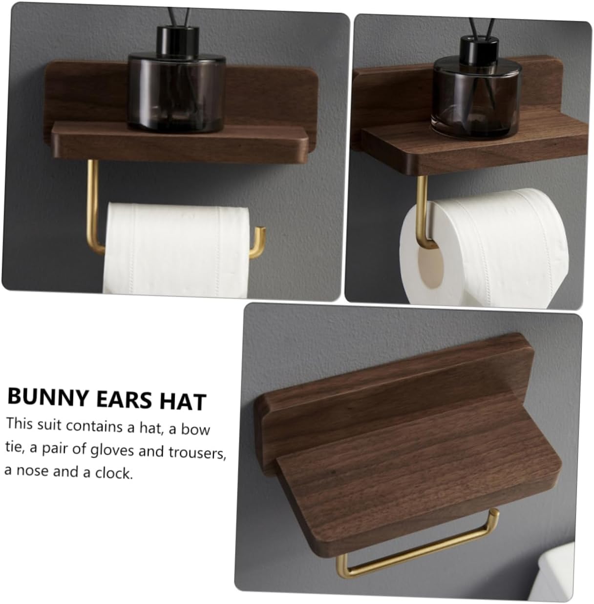 Veemoon Natural Wood Toilet Paper Holder with Brass Finish No Drill Wall Mount Bathroom Tissue Rack with Phone Shelf Smooth Polished Surface for Home Office Hotel and Restaurant Use