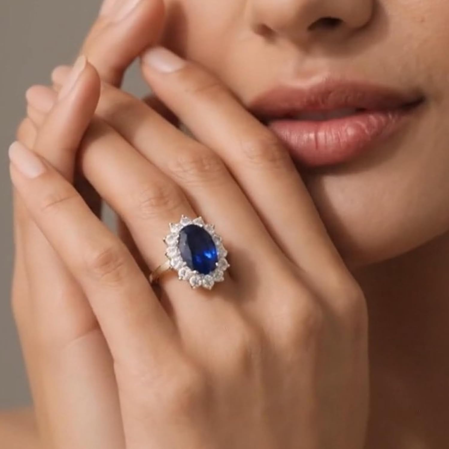 Beaux Bijoux Sterling Silver Large Oval Created Blue Sapphire and Clear Cubic Zirconia Statement Bridal Engagement Princess Diana/Kate Middleton Royal Ring