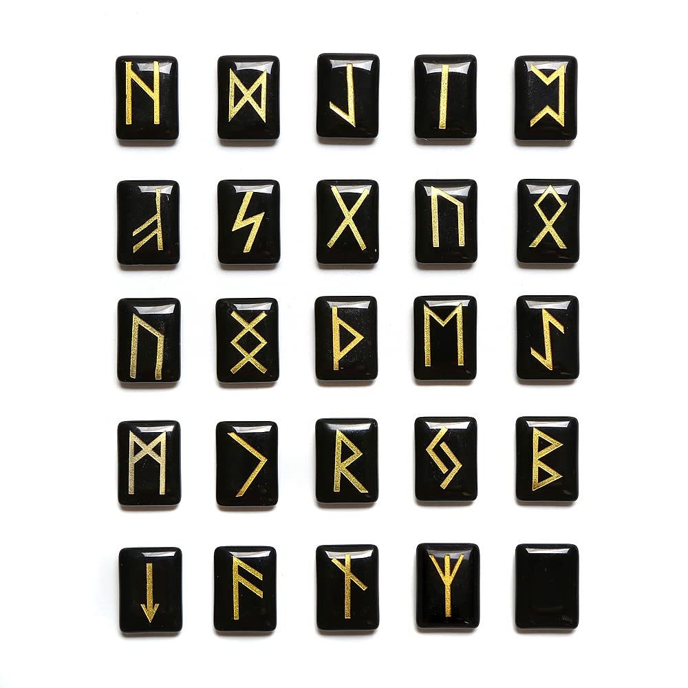 WANGCL Ensemble de 25 Pierres Runes en Obsidienne Noire, Pierres précieuses dégringolées avec des Mots runiques sculptés pour Le Reiki de guérison en Cristal révélant la Fortune