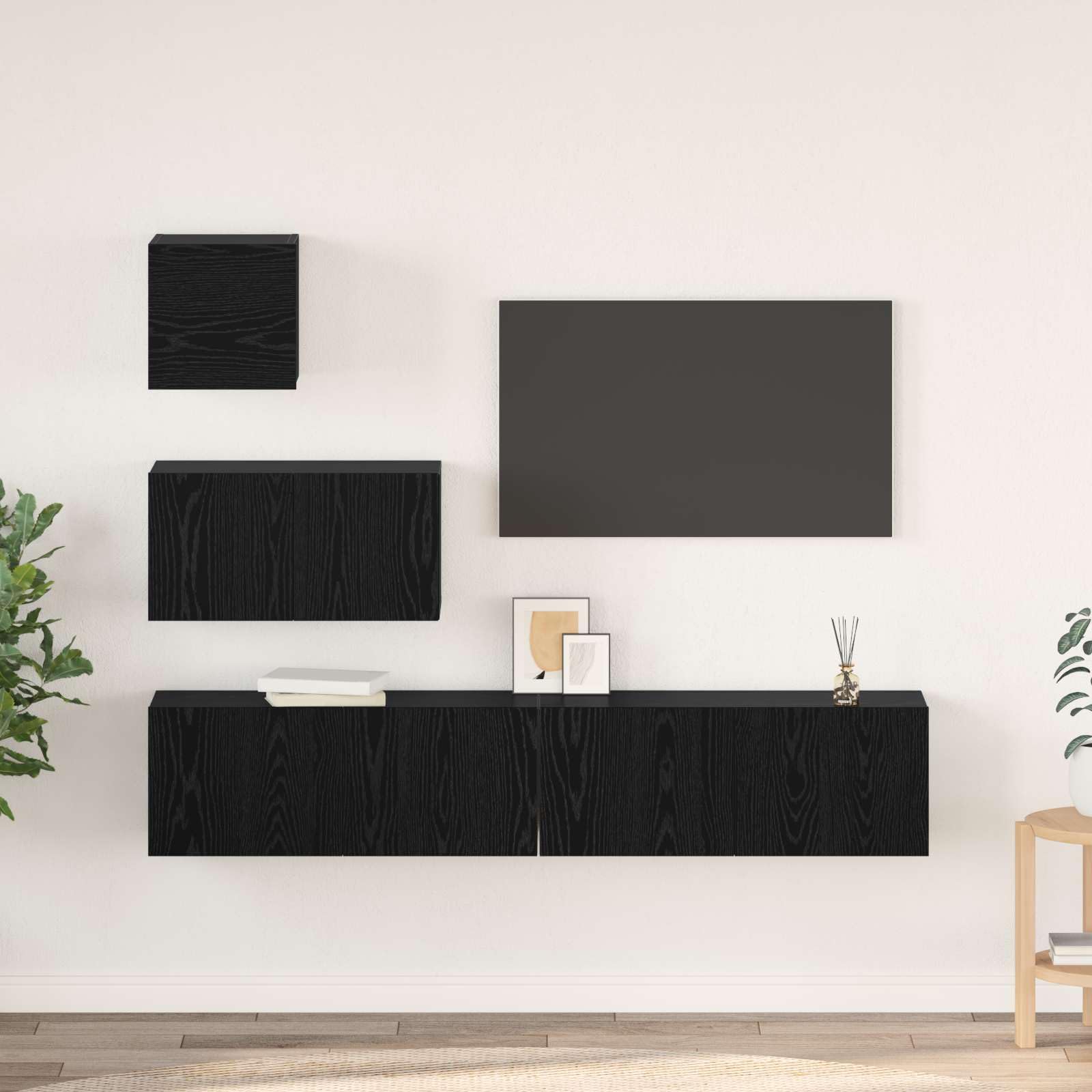Juego de 3 muebles de TV colgantes, mueble bajo con aspecto de roble negro, tablero de TV montado en la pared de madera para el salón