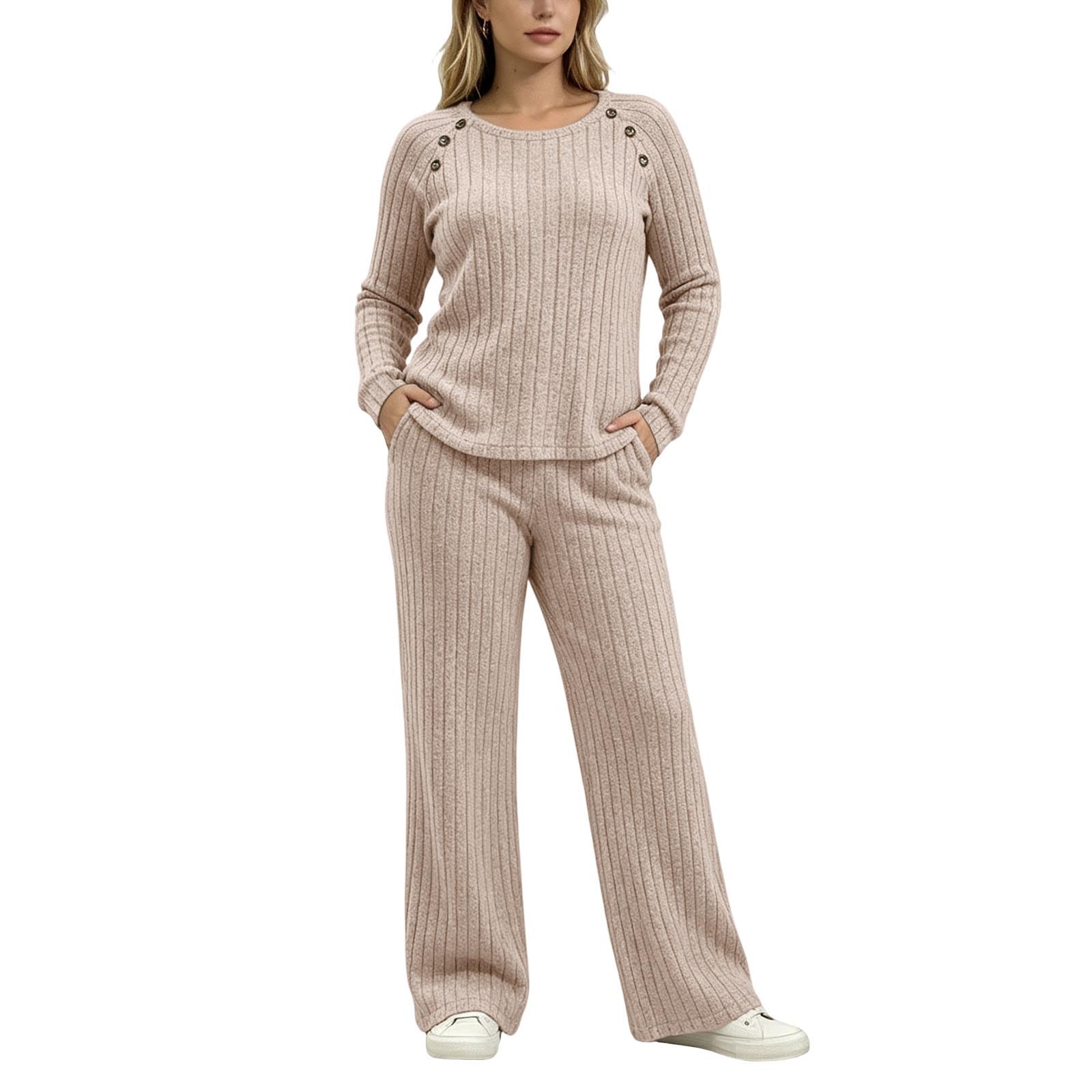 Genérico Conjunto de Punto Elegante con Pantalón y Suéter de Botones