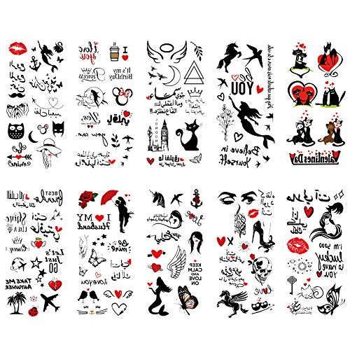 Tafly Small Sexy Lips Leaf Black Cartoon Temporary Tattoo Cute Star Tattoo Sticker Love Women Body Finger Art Waterproof Tatoo 10 Sheets #TOP3