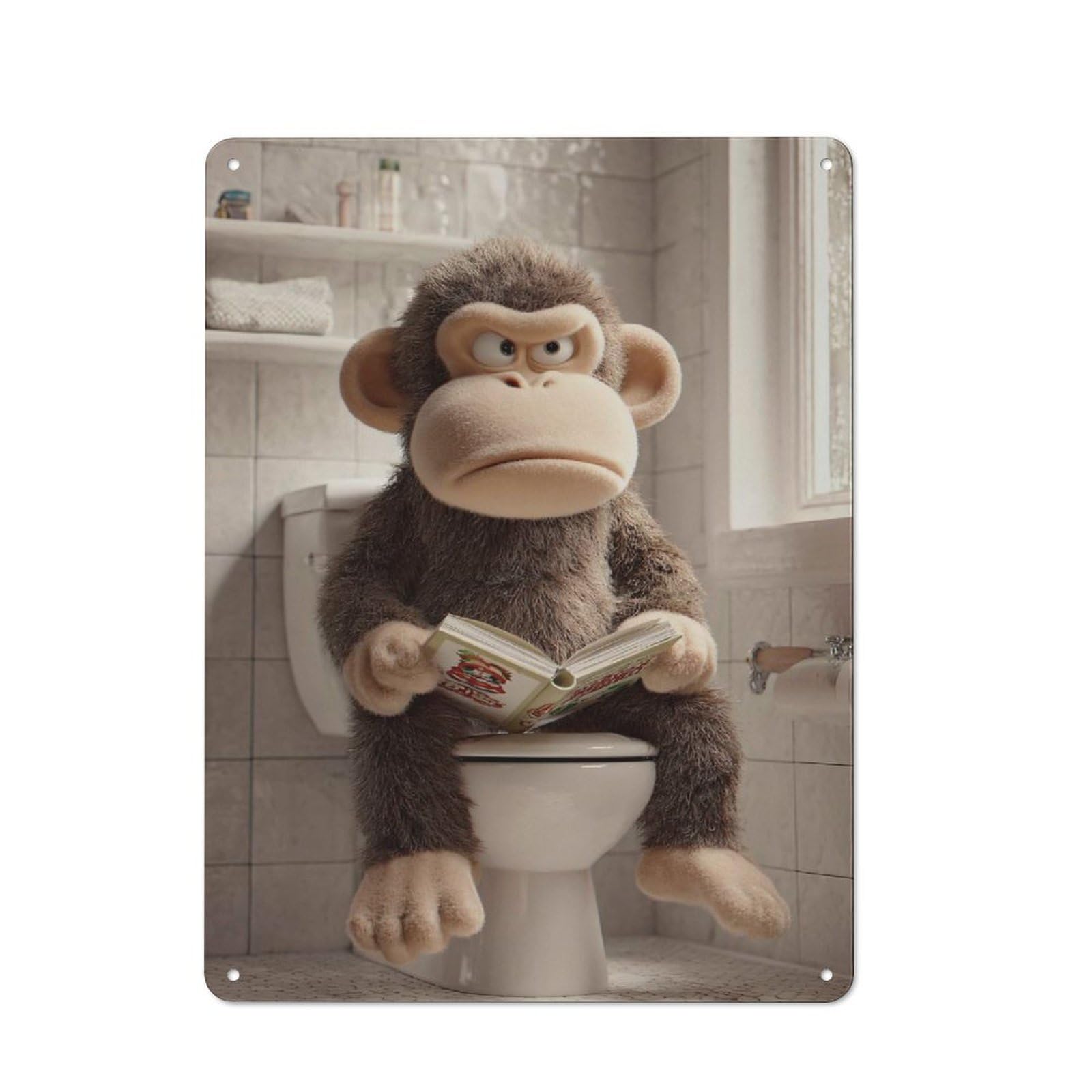 Junmoney Style-10 Tin Wall Plaque 40X30cm With Grumpy Monkey Reading On The Toilet For Garage Wall, Suited To People Furnishing A Garage