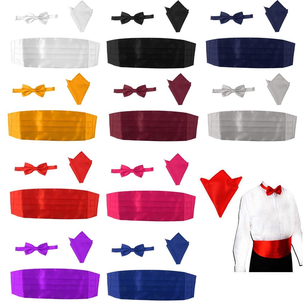 3pcs Men's Satin Bow Tie Cummerbund Hanky Handkerchief Wine Red-image-47