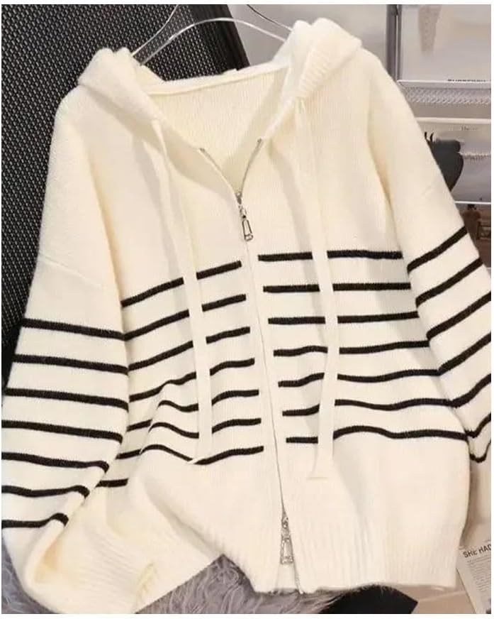 女性のゆるいストライプドローストリングフード付きジッパーニットカーディガンスプリングアウトゥムカジュアルファッションセータージャケッ