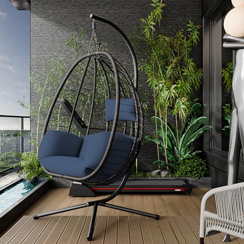 ASJMR Egg Swing Chair Outdoor Indoor Wicker Rattan Hanging Chair with Stand 350lbs Capacity w/Strong Frame & Dark Biue Cushions for Patio Balcony Bedroom