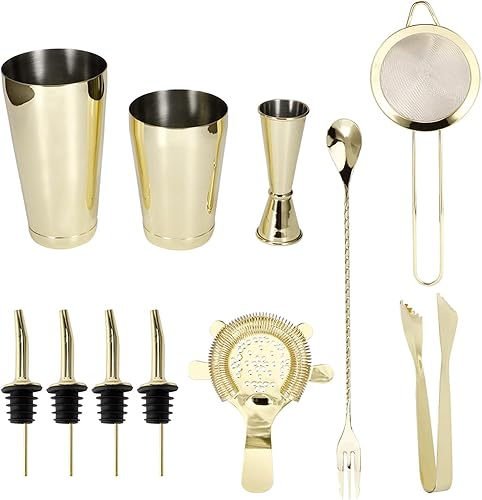 Miniatura 6 de Juego de coctelera de acero inoxidable, 11 piezas, cuchara mezcladora, colador, pinzas para hielo y vertedor de licor, kit de camarero para el