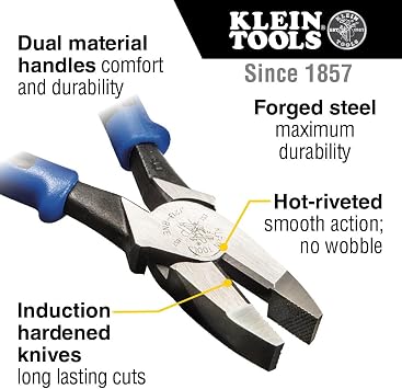 Klein Tools J2138NE Pliers, 8-Inch Side Cutters, High Leverage Lineman's Pliers Cut Copper, Aluminum and other Soft Metals