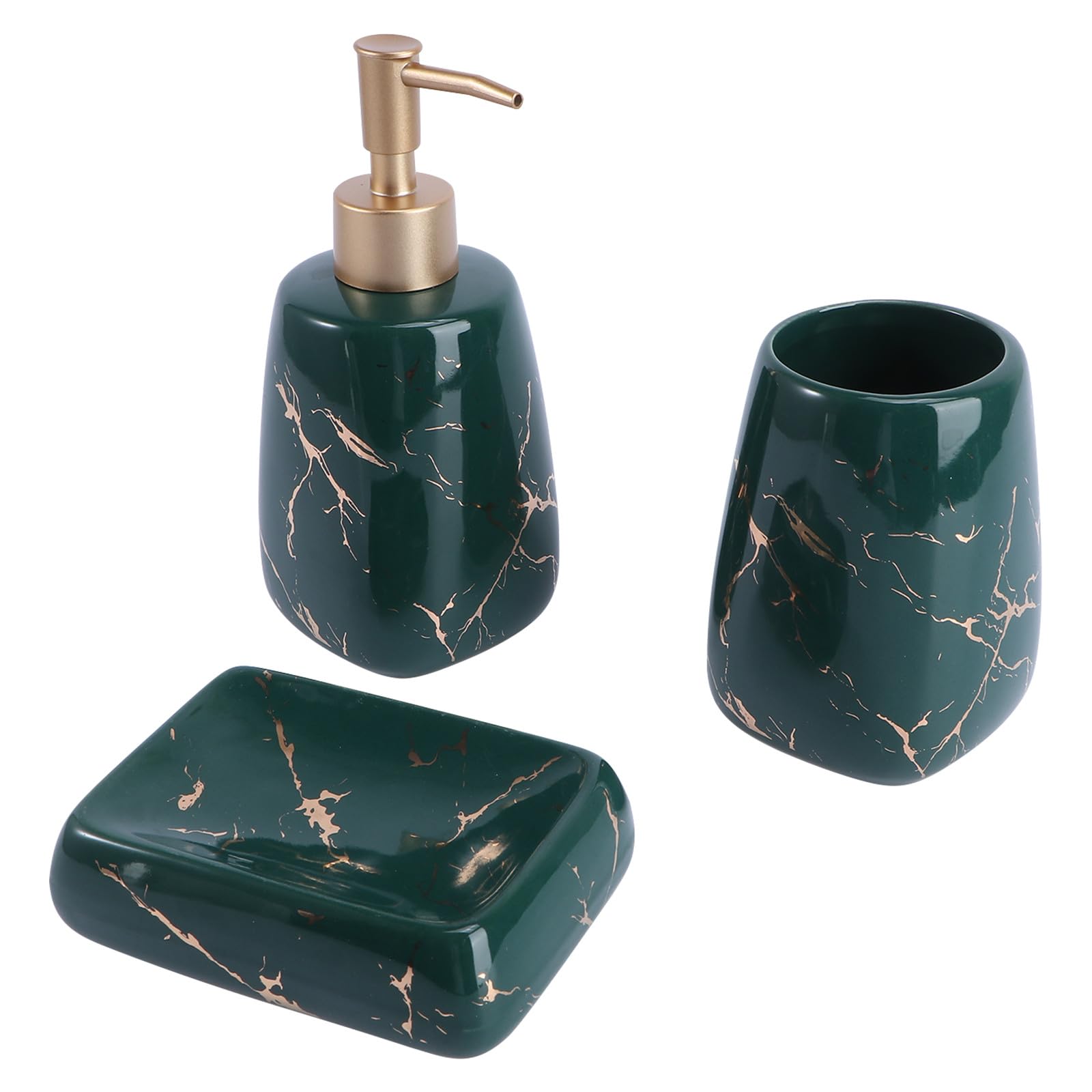 Set da Bagno in Ceramica 3 Pezzi Dispenser Sapone e Porta Spazzolini, Stile Marmo Unico e Funzionale per Mantenere Bagno Ordinato e Organizzato