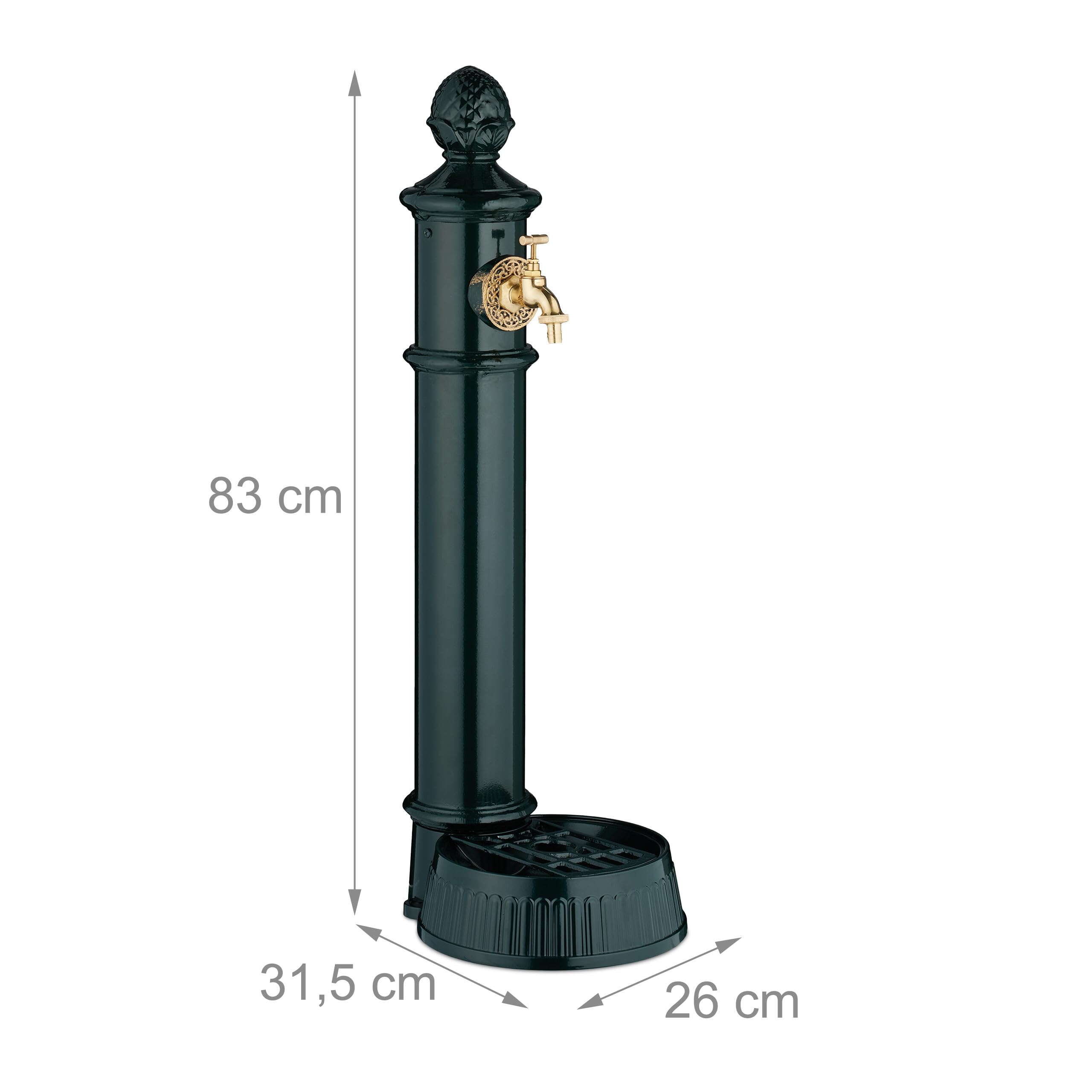 Relaxdays Fuente de Pie Antigua, con Grifo y Lavabo, 83x26x31,5 cm, Bebedero de Jardín, Terraza, Aluminio Fundido, Verde
