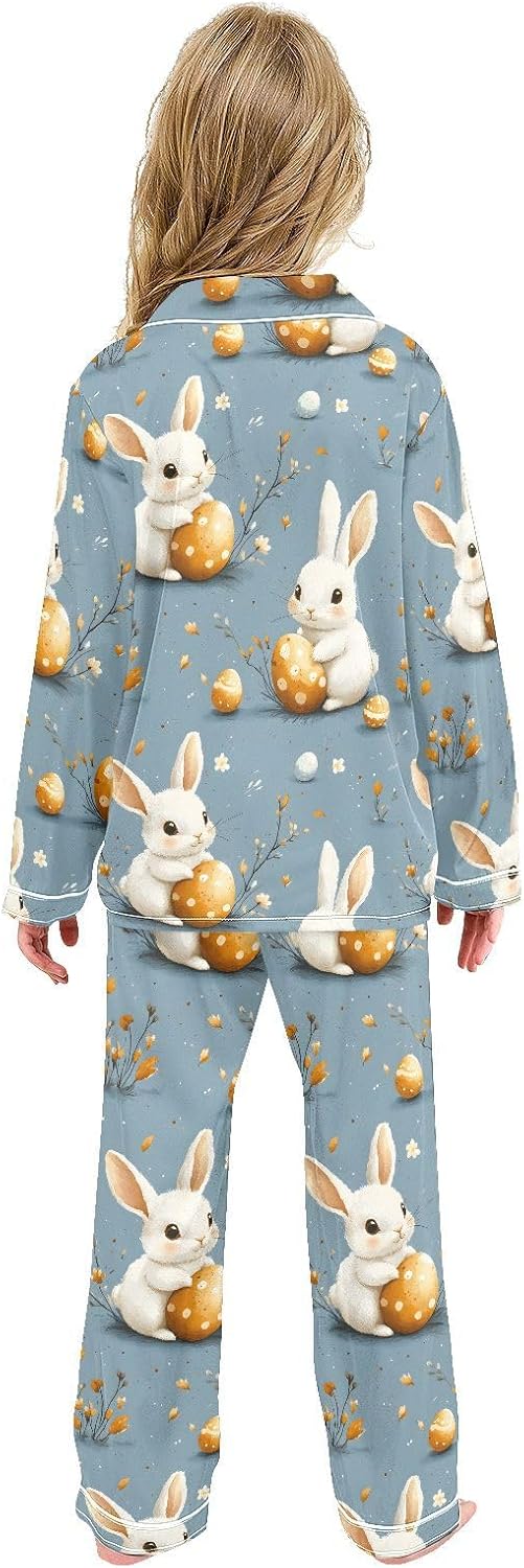 senya White Rabbit Egg S Satin Pajama Sets Long Sleeves Nightwear Button Down Sleepwear