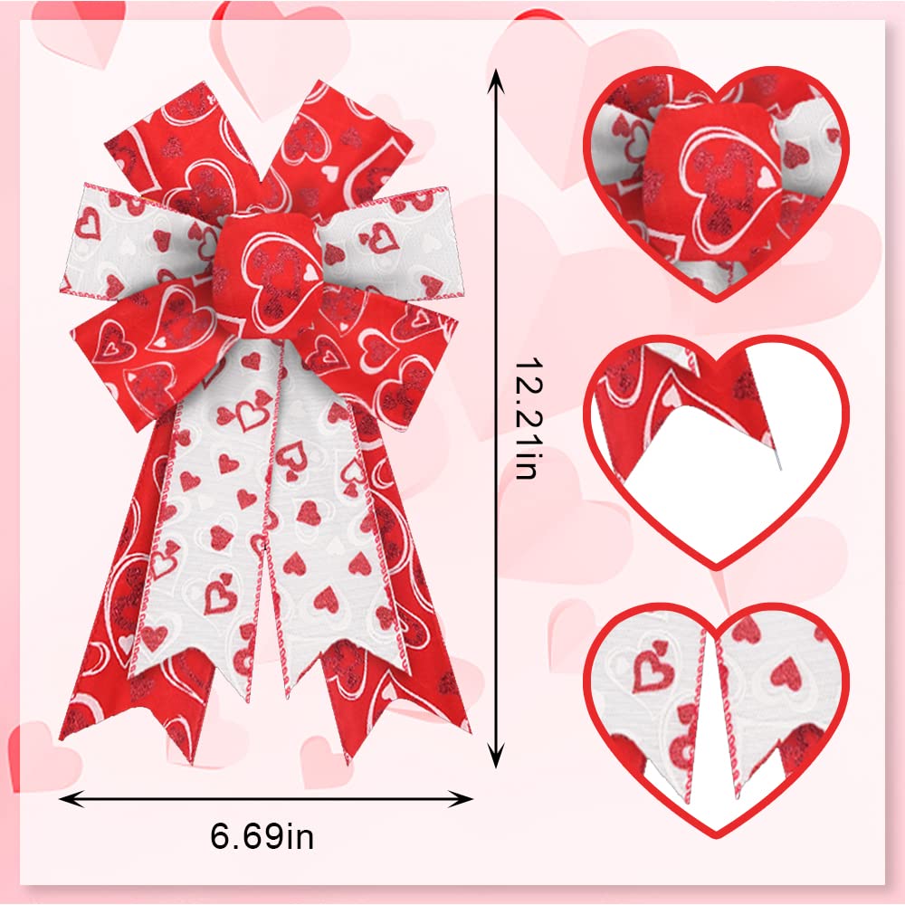ABTOLS 2PCS Valentine's Day Bows for Wreath, Red Heart Wreath Bows Valentine White Heart Bows for Front Door, Wedding Romance Burlap Ornament Tree Topper Bows for Anniversary Indoor Outdoor Decor