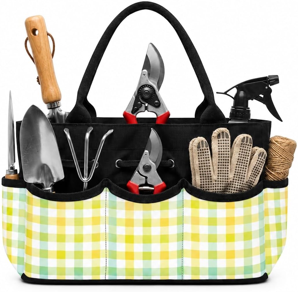 Lemon Lime Gingham Garden Tool Bag Organizer for Outdoor Shed