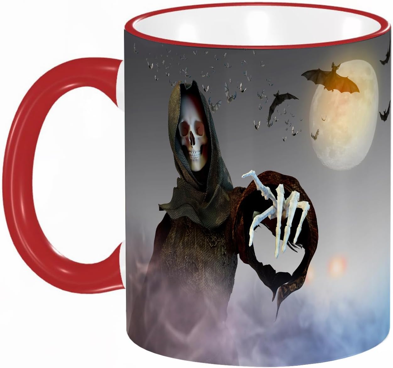 Coffee Mug Funny Mug,Coloured Mug Cup Gift Birthday Work Office Christmas Printed Coffee Cup 11Oz Cups 330ml,White,3D of a Death in The Hood Grim Reaper Standing on Halloween Background