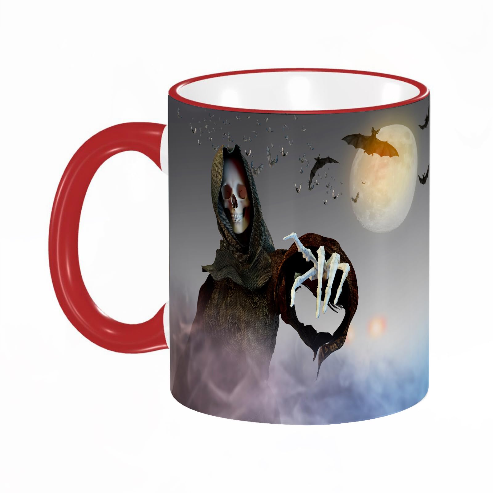 Coffee Mug Funny Mug,Coloured Mug Cup Gift Birthday Work Office Christmas Printed Coffee Cup 11Oz Cups 330ml,White,3D of a Death in The Hood Grim Reaper Standing on Halloween Background