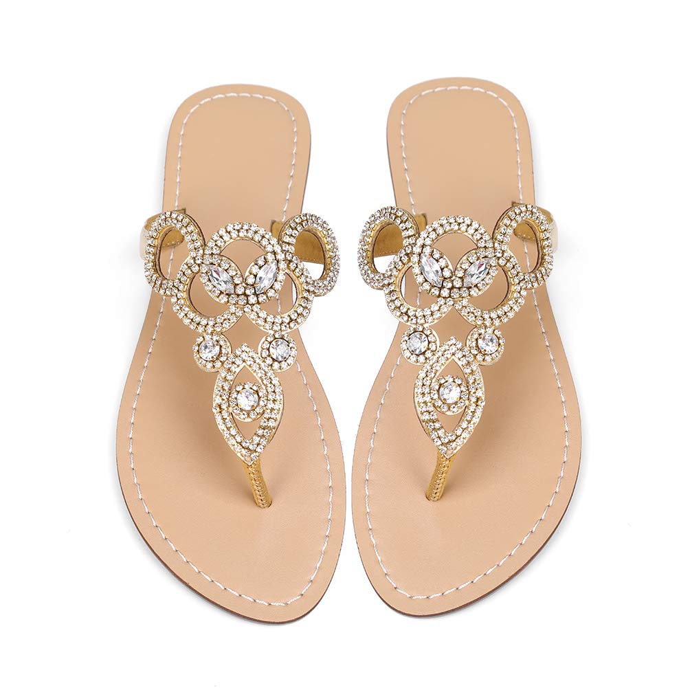 AIJIVOUWomen's Rhinestone Flat Sandals, Women Flip Flops with Clip Toe RingBeadeed Rhinestone Crystal Jeweled Sandal Shoes for Summer Beach Oceanside Holiday Outdoor
