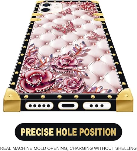 Miniatura 4 de Funda para iPhone 11 Pro Max, diseño de flores de diamante de mariposa, decoración de metal cuadrada de lujo, de TPU suave, a prueba de golpes,