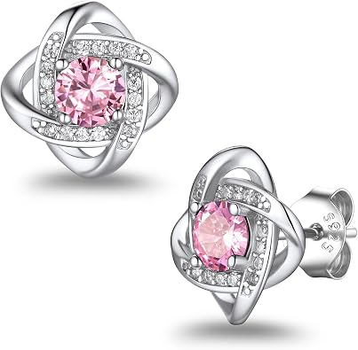 Suplight Love Knot Birthstone S925 Sterling Silver Stud Earrings for Women Flat Back Diamond Hypoallergenic Earrings Birthday Gifts for Women Wife Mom