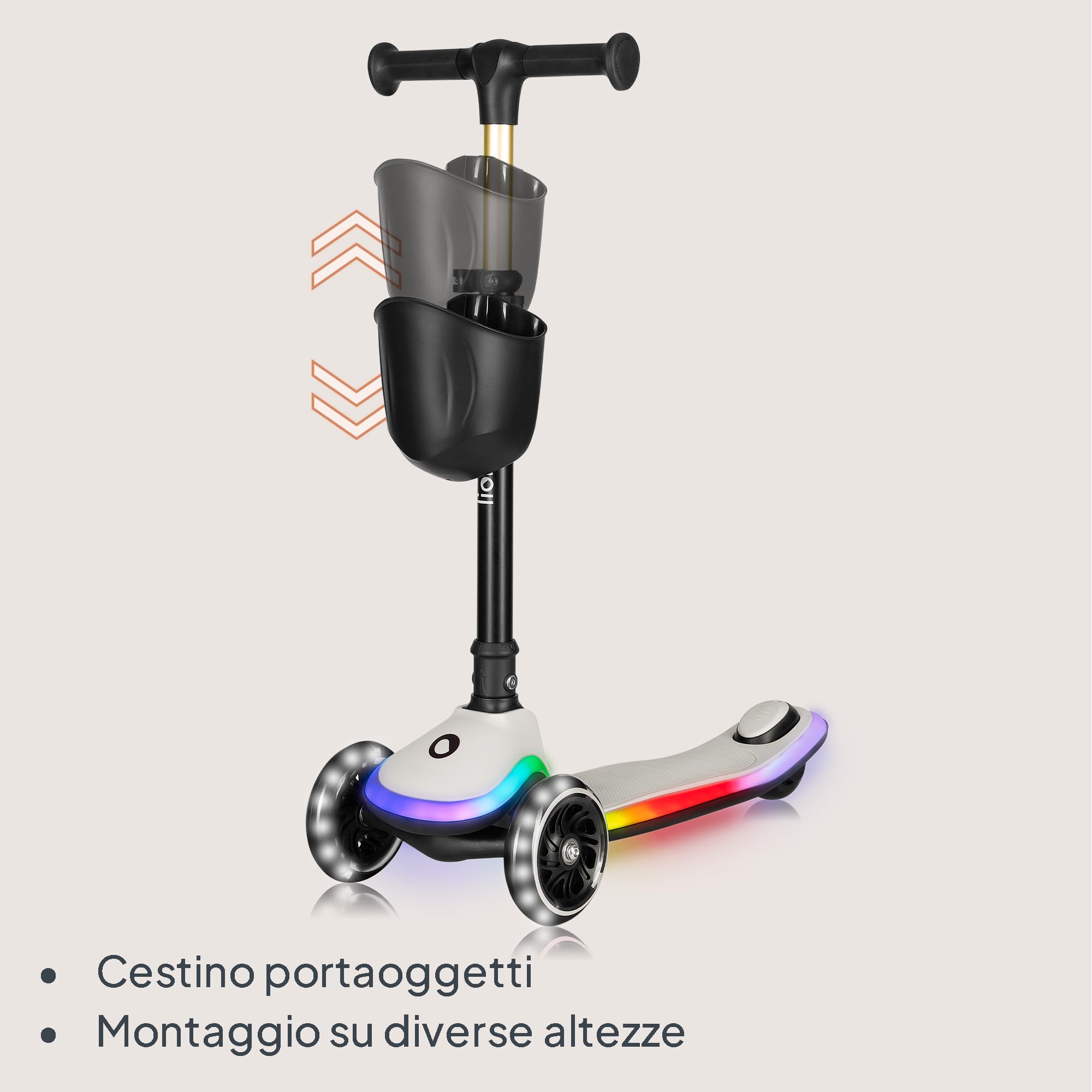 LIONELO Monopattino Bambino a 3 Ruote MEY per bambini da 3 anni fino a 50kg, Monopattino per Bambini con Illuminata e Ruote a LED, Altezza Regolabile, Pedana Antiscivolo, laggero, Cestino