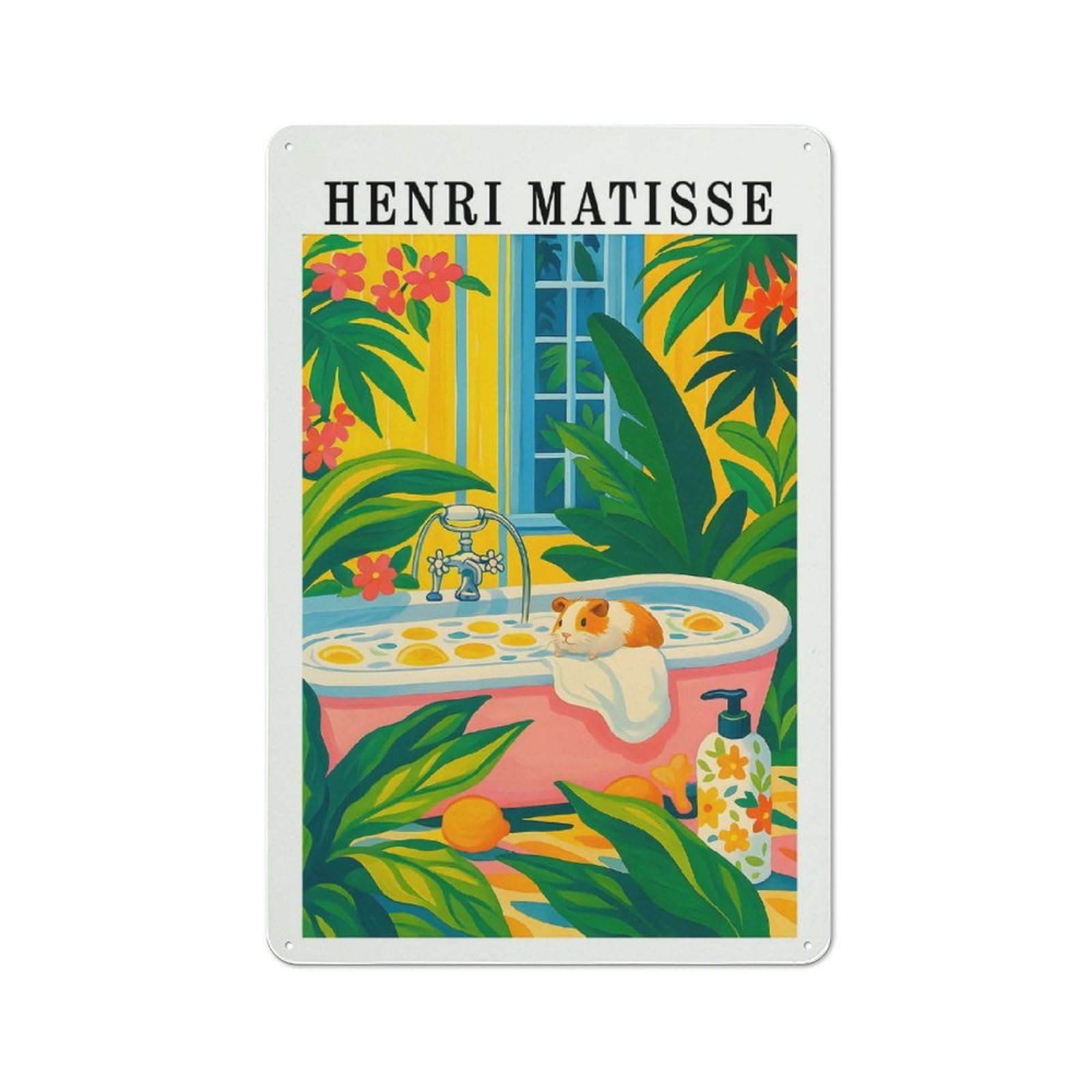 Junmoney Style-6 Barn Style Farmhouse Metal Sign 30X20cm Featuring Henri Matisse Style Guinea Pig Bath, Cottage Wall Art For Kitchen, Cottage, Porch Or Garden Room