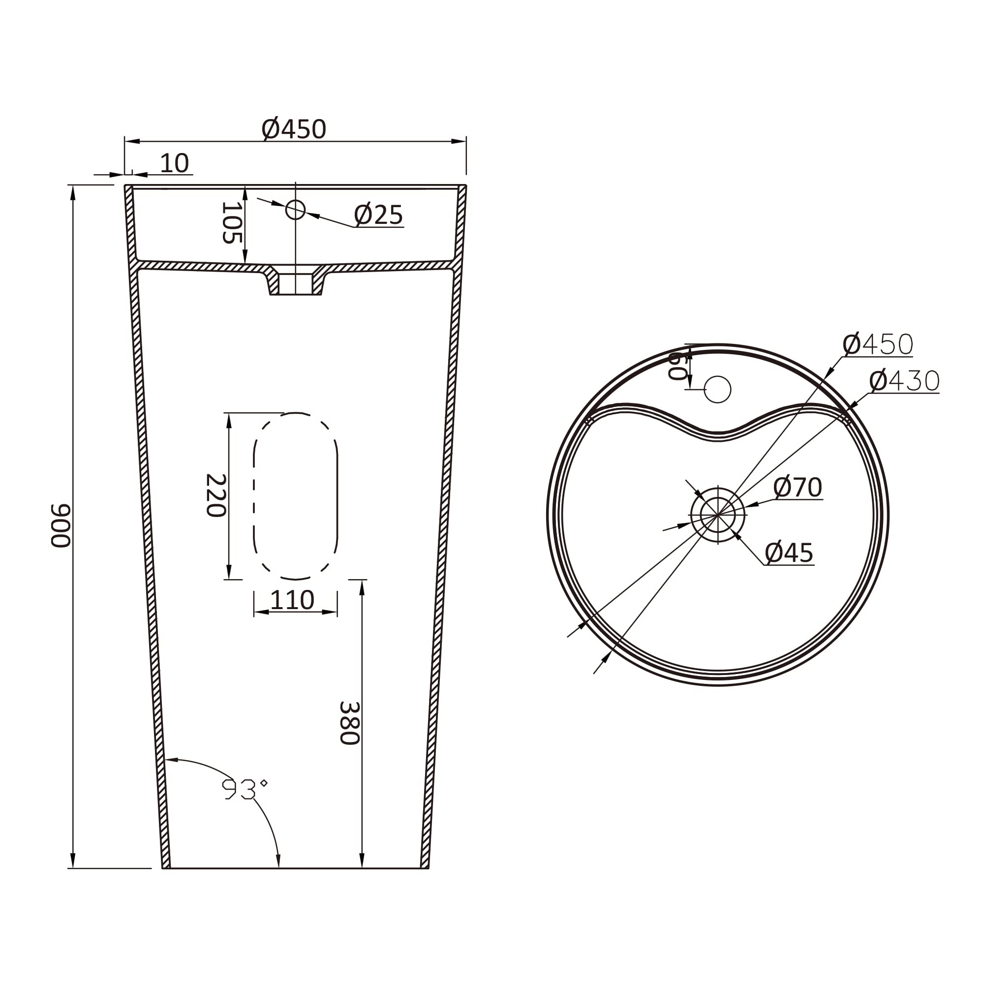 Mai & Mai Lave Mains Colonne Évier Vasque sur Pied 45x45x90cm en Résine De Synthèse Noir Mat Rond Avec Perçage Pour Robinet Lavabo Avec Trop-Plein À Poser Au Sol Col35