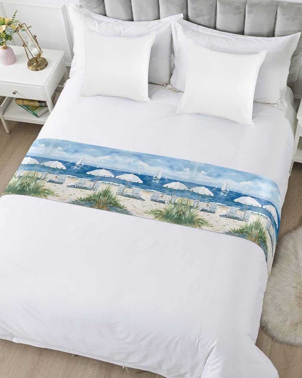 Nautical Sea Wave Blue Bed Runner for Cal. King Size, Ocean Coastal Beach Plant Bedspread Protector Slipcover Bed Scarf for Foot Runners & Scarves for Bedroom Hotel Wedding Room 94x20 Inches