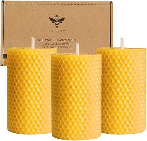Juego de 3 velas de pilar de cera de abeja hechas a mano, velas enrolladas de cera de abeja pura para regalo y decoración del hogar (2 x 3.3
