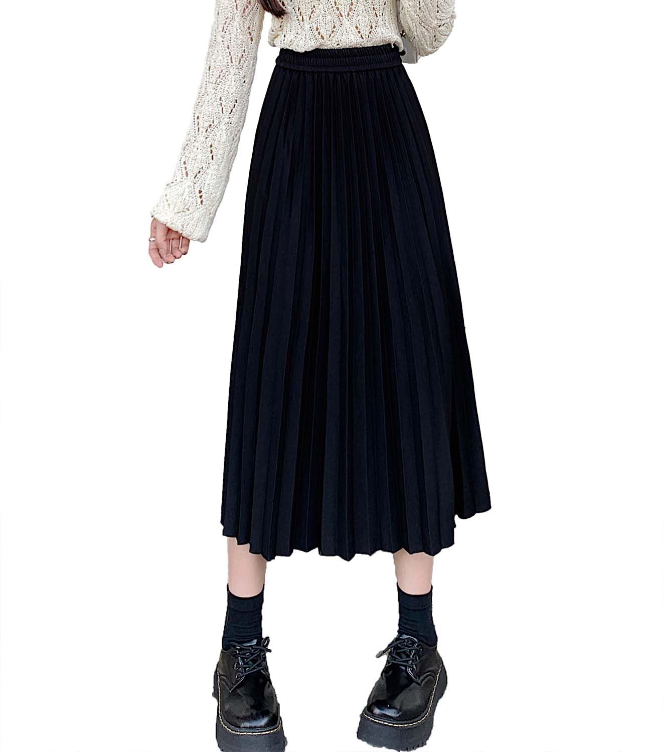 Jupe plissée midi pour femme - Taille haute - Élastique - Ligne A - Jupe longue pour femme - Automne Hiver - Tendance et décontractée
