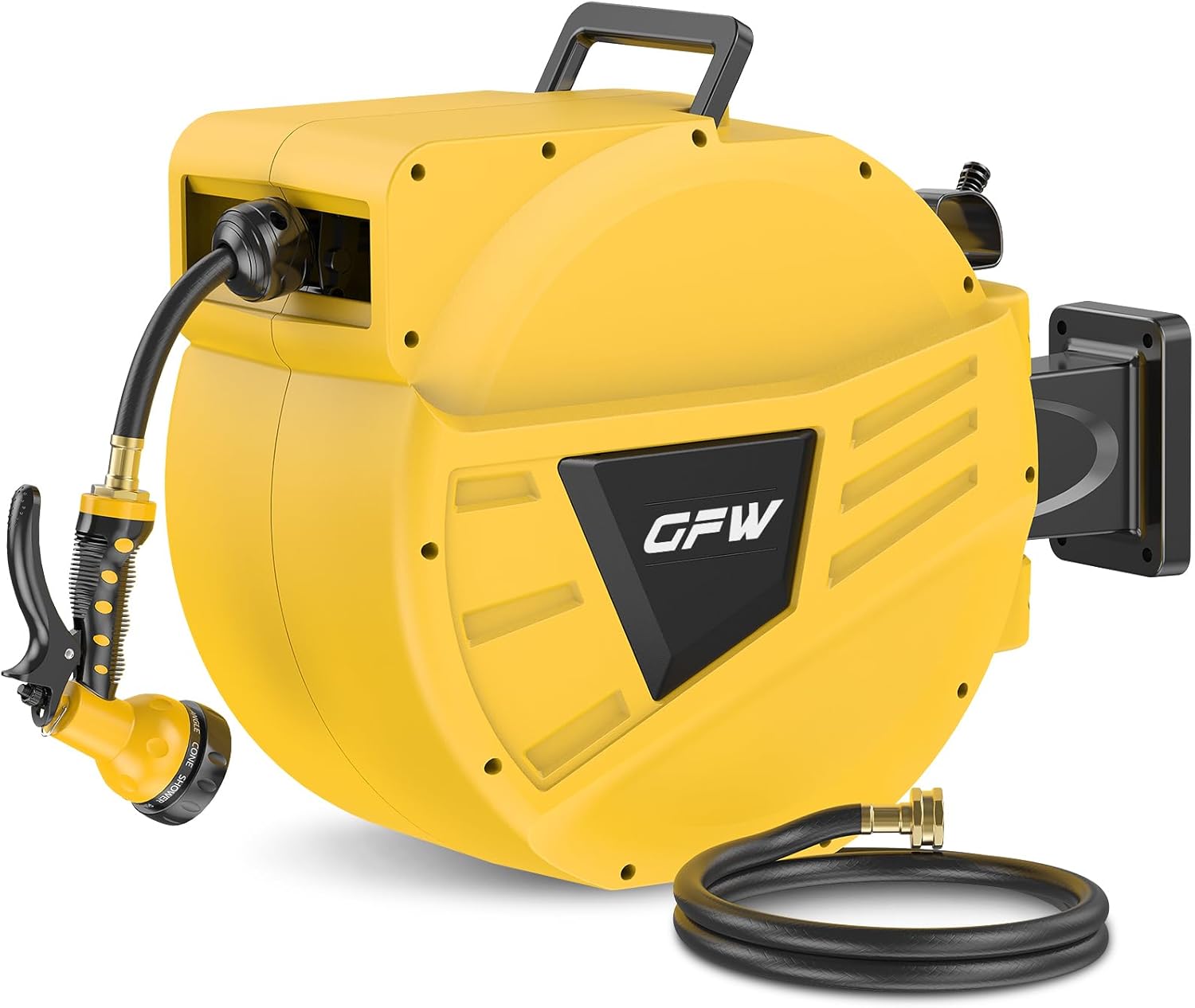 GOFORWILD Retractable Garden Hose Reel, 1/2 Inch x 90 ft Wall Mounted Water Hose Reel with L-shaped and Straight Hose Nozzles, 180Swivel Bracket, Slow Rewind System, Any Length Lock